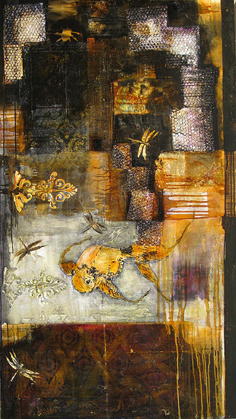 nocturnal fly fishing, 160cm x 90cm, mixed media layers on canvas, 1,450 USD