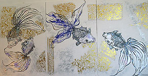 kingyo-zu, 120cm x 240cm, triptych, mixed media on linen