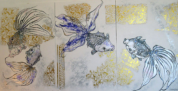 kingyo-zu, 120cm x 240cm, triptych, mixed media on linen, sold bahrain