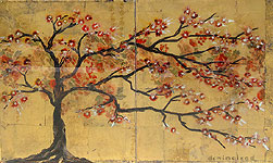 sakura bonsai, 60 x 100 x 8cm, diptych oil, gold leaf, inks, japanese poured lacquer on canvas