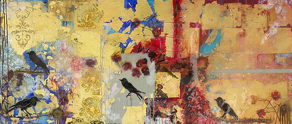 the raven goes poem hunting, 70 x 160 x 8cm, oil, gold leaf, pray paint, ink, japanese poured lacquer on canvas