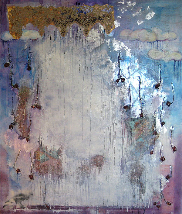 storm, 140 x 120cm, oil, silver & golf leaf, enamel, collage & poured lacquers on canvas