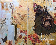 the girls, 120cm x 170cm, fabric collage, gold and silver leaf, inks oil glazes on linen